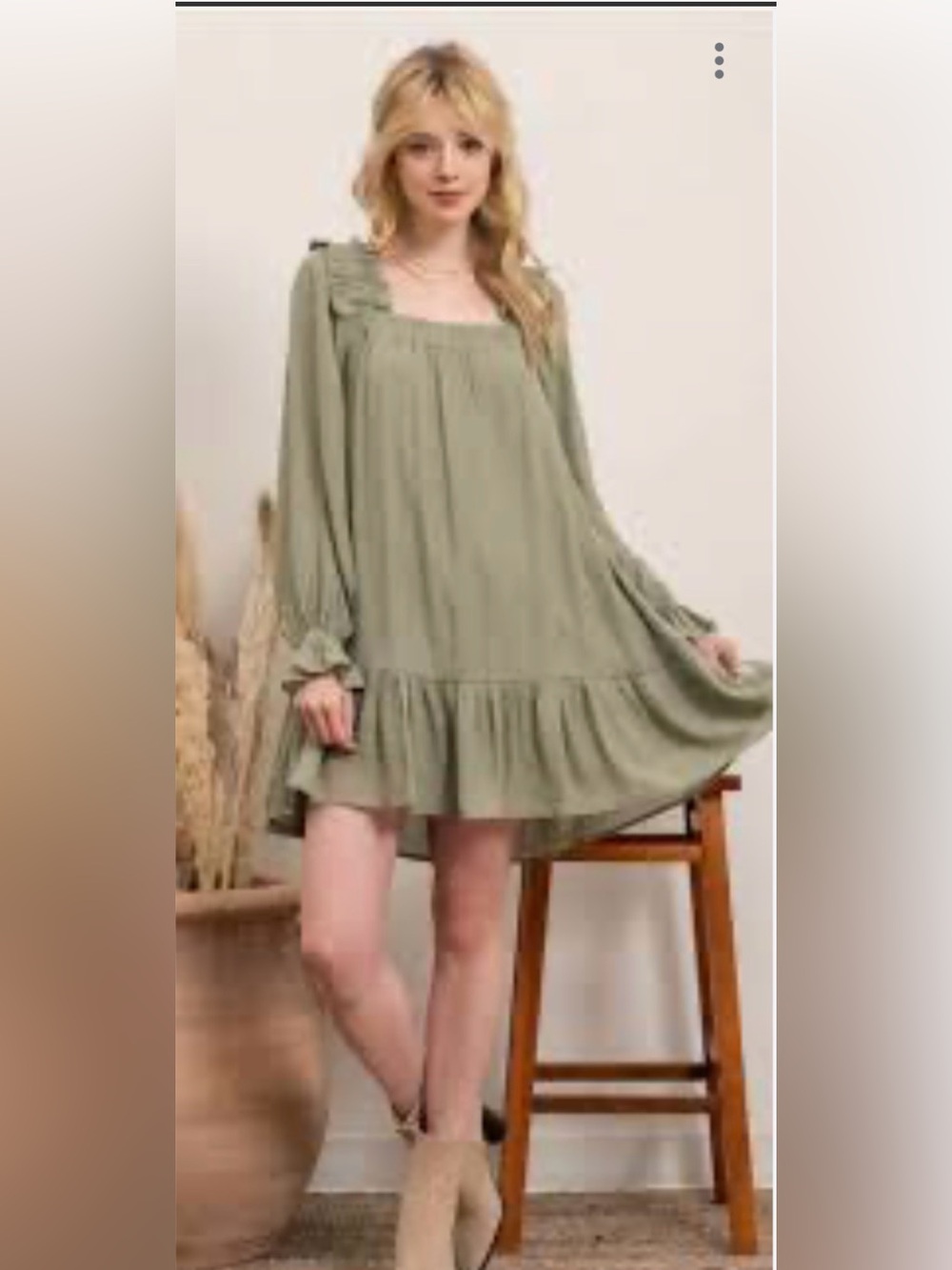 By The River; Sage Green Long Sleeve Mini
Tie Shoulder Dress - size Medium